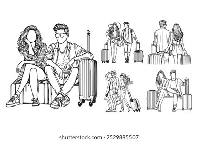 Line Art Romantic Couple Traveling Carry Suitcase Photo Art Black and White Illustration Hand Drawn Clipart