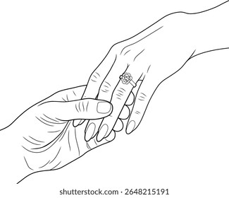 Line Art of Romantic Engagement Ring Moment – Couple Holding Hands