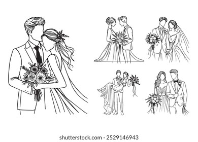 Line Art Romantic Wedding Couple Intimately Photo Black and White Illustration Hand Drawn Clipart