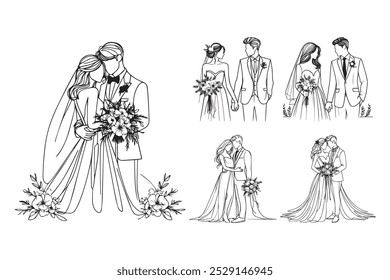 Line Art Romantic Wedding Couple Intimately Photo Black and White Illustration Hand Drawn Clipart