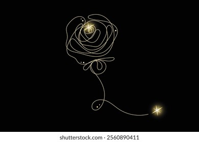 Line Art Rose Flower with Gold Glitter Stars. Luxury Rich Glamour Invitation Card. line Art Isolated on Black. Shine Gold Light Texture Effect. Glowing Blink Star Christmas Holiday Gift.