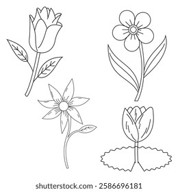 Line art of rose, flower, vector set. Flowers vector, plants silhouette isolated. Line art of flower, black and white outline of rose flowers vector illustration. Hand drawing flowers vector. 