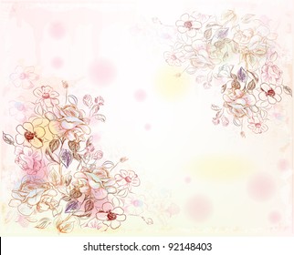 line art roses on the watercolor background