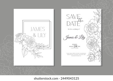 Line Art Roses Wedding Invitation template, Outline Rose Flowers Minimalist Wedding Stationery 