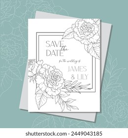 Line Art Roses Wedding Invitation template, Outline Rose Flowers Minimalist Wedding Stationery 