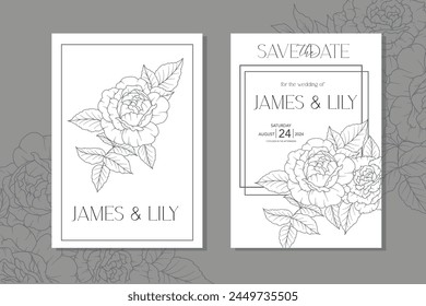 Line Art Roses Wedding Invitation template, Outline Rose Flowers Minimalist Wedding Stationery 