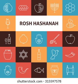 Line Art Rosh Hashanah jüdische Neujahrs-Feiertagssymbole Set. Vector Kollektion von 25 Modern Line Icons für Web und Mobile. Traditionelles Paket Israel