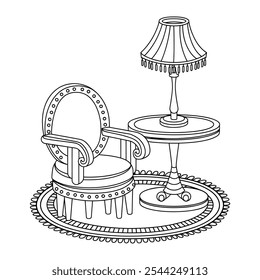 A line art of a round shape furniture coloring page includes a chair a lamp and plant pot and a small table 