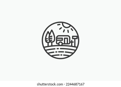 line art rv camping logo with a combination of rv, tree, lands and sun.