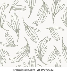 Line art sage branches seamless pattern