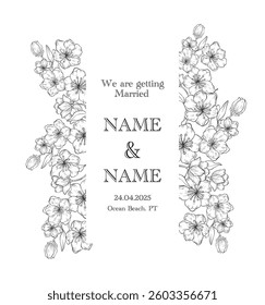 Line art Sakura Vintage floral Hand drawing vector wedding invitation card illustration design.