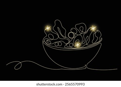 Line Art Salad Bowl with Gold Glitter Stars. Luxury Rich Glamour Invitation Card. line Art Isolated on Black. Shine Gold Light Texture Effect. Glowing Blink Star Christmas Holiday Gift.