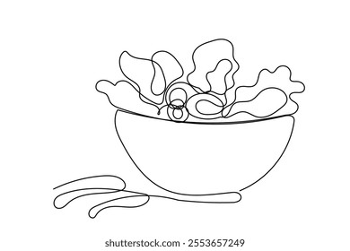 Line Art Salad Dish Illustration. One Continuous Outline Curve Hand Drawn Vegetable Nutrition Bowl Plate Sketch. Editable Vector Wavy Stroke. Flexible Drawn Line Form Trendy Modern Design. 