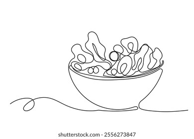 Line Art Salad Dish Illustration. One Continuous Outline Curve Hand Drawn Vegetable Nutrition Bowl Plate Sketch. Editable Vector Wavy Stroke. Flexible Drawn Line Form Trendy Modern Design. 