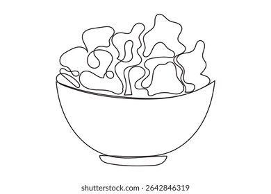 Line Art Salad. Healthy Food Symbol. Detox and Diet Vitamin Lifestyle. One Continuous Outline Wavy Contour Drawing. Stroke Modern Doodle Food Symbol Icon. Cafe Menu Card Invitation Sketch Contour Art