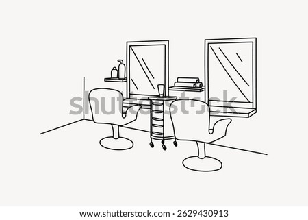 Line art of a salon interior with two styling chairs, mirrors, and shelves. Minimalist salon design, featuring chairs and mirrors in a simple, clean style. Line art illustration vector.