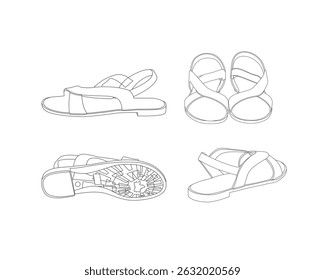 Line Art Sandal Vector Set – Multiple Angles Outline Drawing.
Minimalist black and white vector illustration of a pair of sandals shown from multiple views.