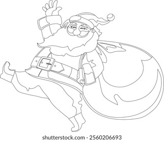 Line art of Santa Claus with a toy sack, perfect for coloring books, holiday cards, and festive designs. Isolated on a white background, EPS 10 vector format for easy scaling and customization.