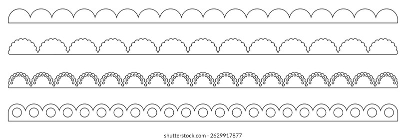 Line Art Scallop Border Set. Minimal Decorative Edge Line Art for Laser Cutting, Crafting, and Design Projects. Vector illustration isolated on clear background.