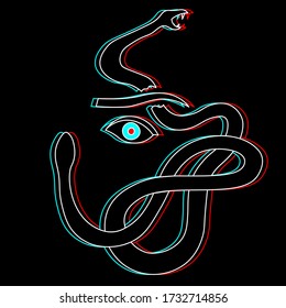 line art of scared woman eye and a snake on black background