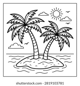 Line art scene featuring an island and sun for coloring books.