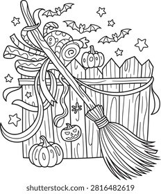 A line art scene showing a witch's broom leaning against a wooden garden fence decorated with pumpkins and bats.