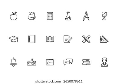 Line art school icons set including apple backpack calculator flask compass globe more