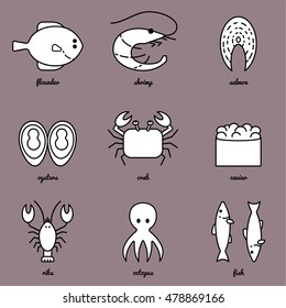 Line art Sea food icon set. Isolated vector illustrations. Infographic elements