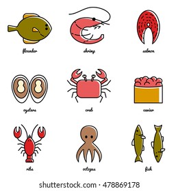 Line art Sea food icon set. Isolated vector illustrations. Infographic elements