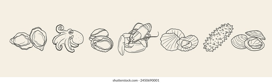 Line art seafood collection. Outline drawing