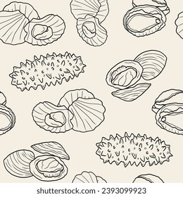 Line art seafood seamless pattern. Scallops, clams, sea cucumber, abalone