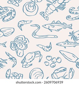 Line art seafood seamless pattern