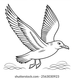 A line art seagull illustration of a coloring page 