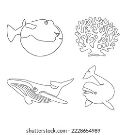 line art sealife and sea animal concept element collection puffer, whale, dolphin, coral