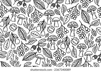 Line art seamless autumnal pattern with linear drawn acorns, leaves, mushrooms. Contour drawn fall seamless repeating pattern.