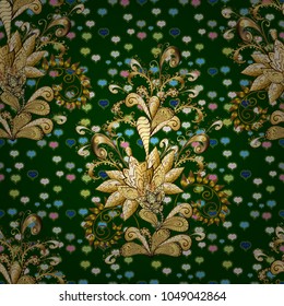 Line art seamless border for design template. Vector illustration for invitations, cards, web page. Eastern style element. Golden outline floral decor. Golden element on blue, brown and yellow colors.