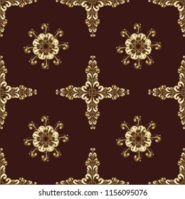 Line art seamless border for design template. Golden outline floral decor. Eastern style element. Golden element on brown, beige, neutral colors. Vector illustration for invitations, cards, web page.