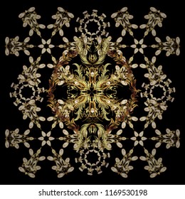 Line art seamless border for design template. Eastern style element. Golden outline floral decor. Vector illustration for invitations, cards, web page. Golden element on black, brown and beige colors.