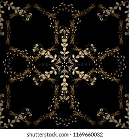 Line art seamless border for design template. Eastern style element. Golden outline floral decor. Vector illustration for invitations, cards, web page. Golden element on black, brown and yellow colors