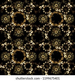 Line art seamless border for design template. Golden element on black, brown and beige colors. Vector illustration for invitations, cards, web page. Golden outline floral decor. Eastern style element.