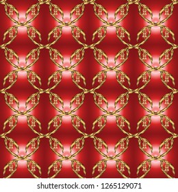 Line art seamless border for design template. Eastern style element. Golden element on brown and red colors. Golden outline floral decor. Vector illustration for invitations, cards, web page.
