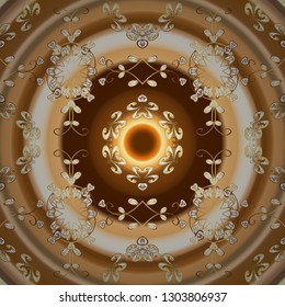 Line art seamless border for design template. Golden element on beige and brown colors. Eastern style element. Vector illustration for invitations, cards, web page. Golden outline floral decor.