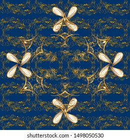Line art seamless border for design template. Eastern style element. Golden outline floral decor. Golden element on brown and blue colors. Vector illustration for invitations, cards, web page.