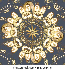 Line art seamless border for design template. Eastern style element. Golden element on blue and beige colors. Golden outline floral decor. Vector illustration for invitations, cards, web page.