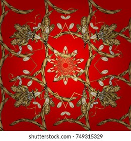 Line art seamless border for design template. Golden outline floral decor. Eastern style element. Golden element on red, brown and yellow colors. Vector illustration for invitations, cards, web page.