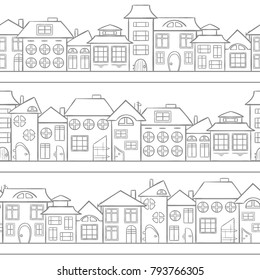 Line art seamless city landscape - cartoon houses vector pattern, endless houses, cartoon town