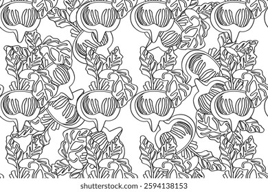 Line art seamless pattern with beets plants vector illustration. Hand drawn outline repeating vegetables pattern background. Graphic design for Cover Coloring Book Textile Fashion Print Birthday Card