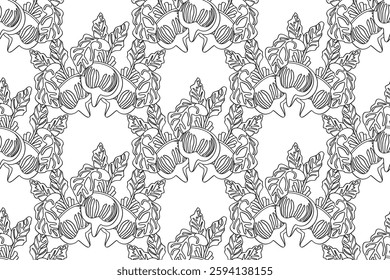 Line art seamless pattern with beets plants vector illustration. Hand drawn outline repeating vegetables pattern background. Graphic design for Cover Coloring Book Textile Fashion Print Birthday Card
