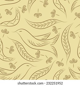Line art. Seamless pattern with birds and leaves. Brown floral background.