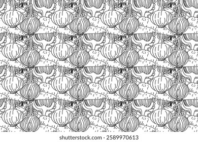 Line art seamless pattern with carrots, onions, beets vector illustration. Hand drawn outline repeating vegetables pattern background. Graphic design for Cover Coloring Book Textile Fashion Print Card